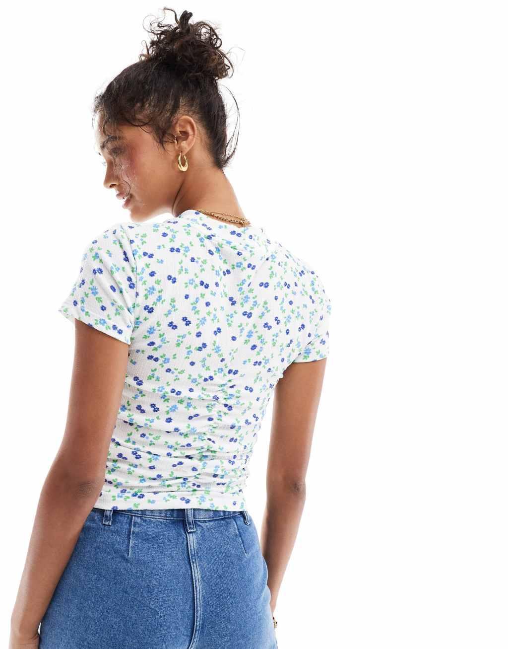 ONLY ruched top in white ditsy floral Product Image