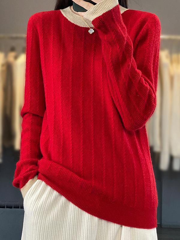 Long Sleeves Loose Contrast Color Round-Neck Pullovers Sweater Tops Product Image