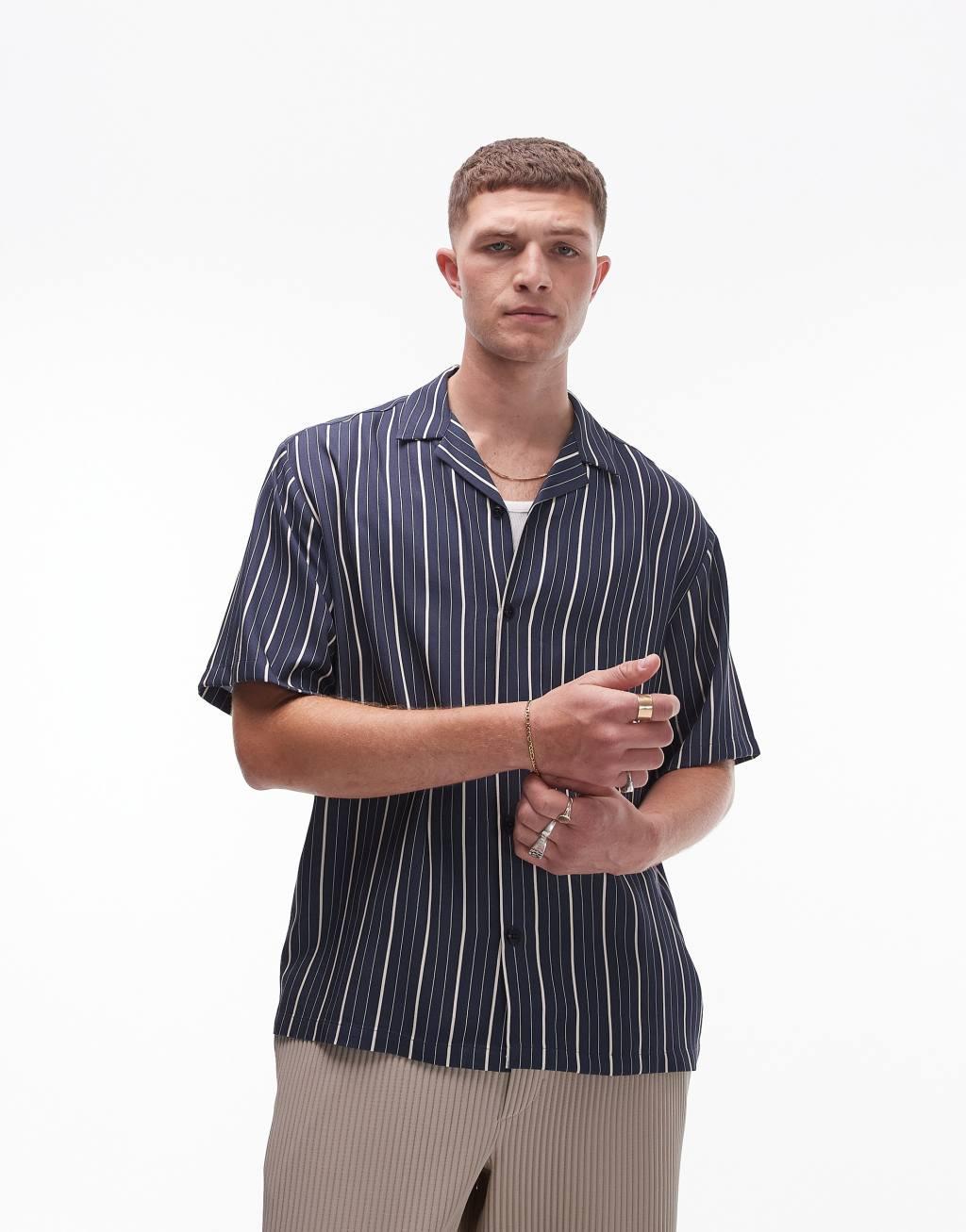 Topman short sleeve striped shirt in navy Product Image