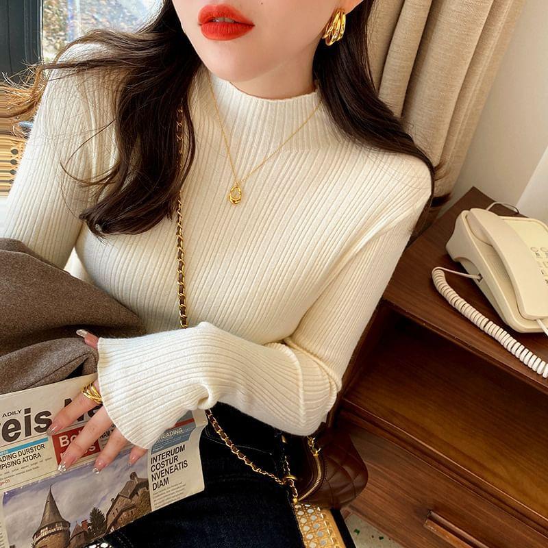 Long-Sleeve Mock Neck Plain Ribbed Slim Fit Knit Top Product Image