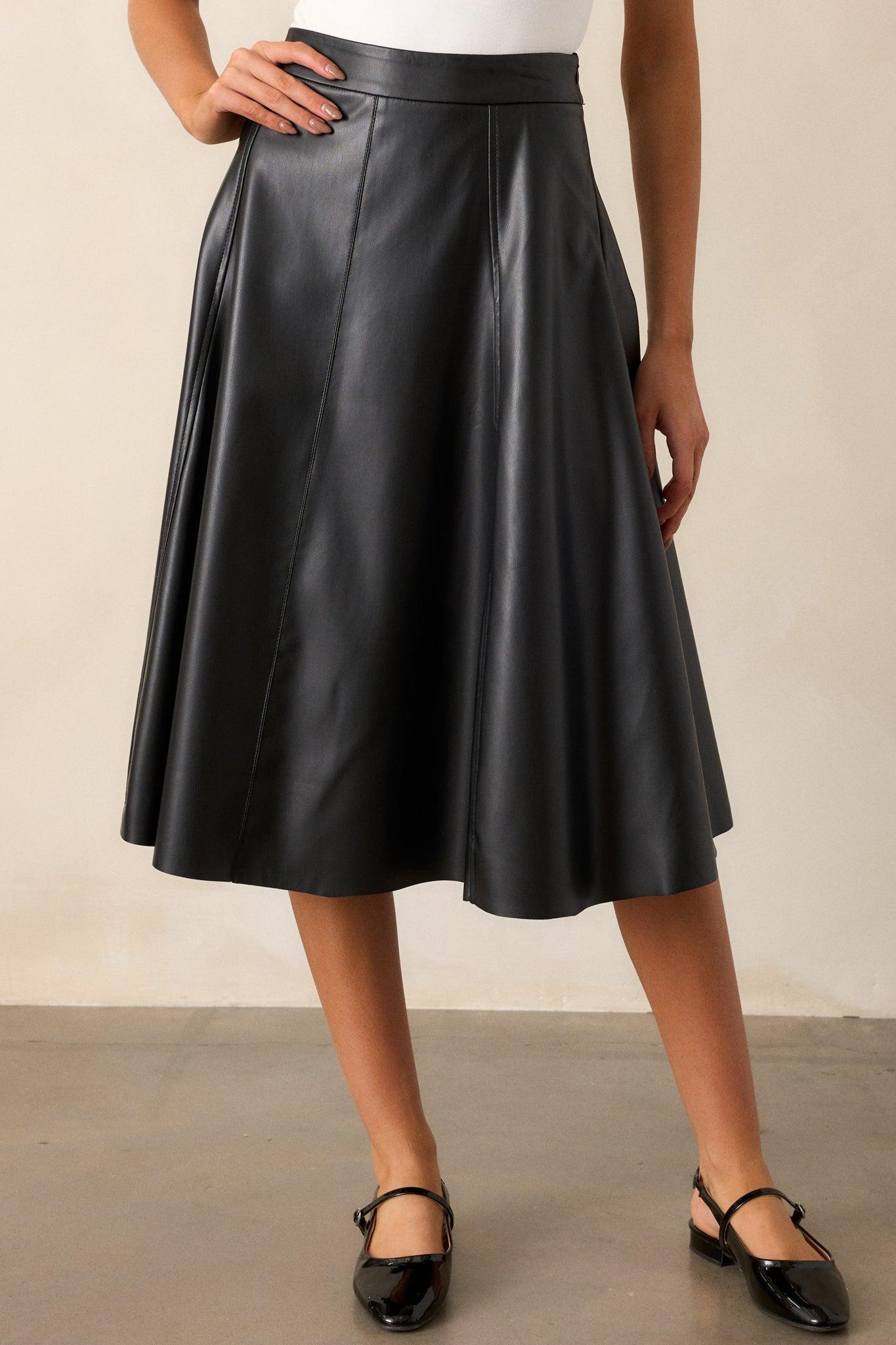 In My Memories Black Faux Leather Midi Skirt Product Image