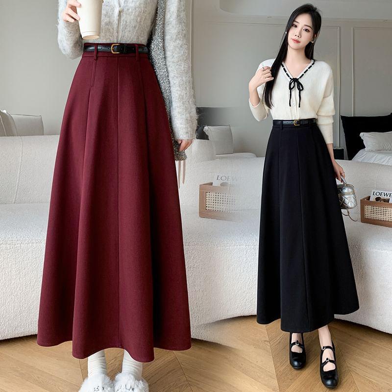 High Waist Plain Midi A-Line Skirt Product Image