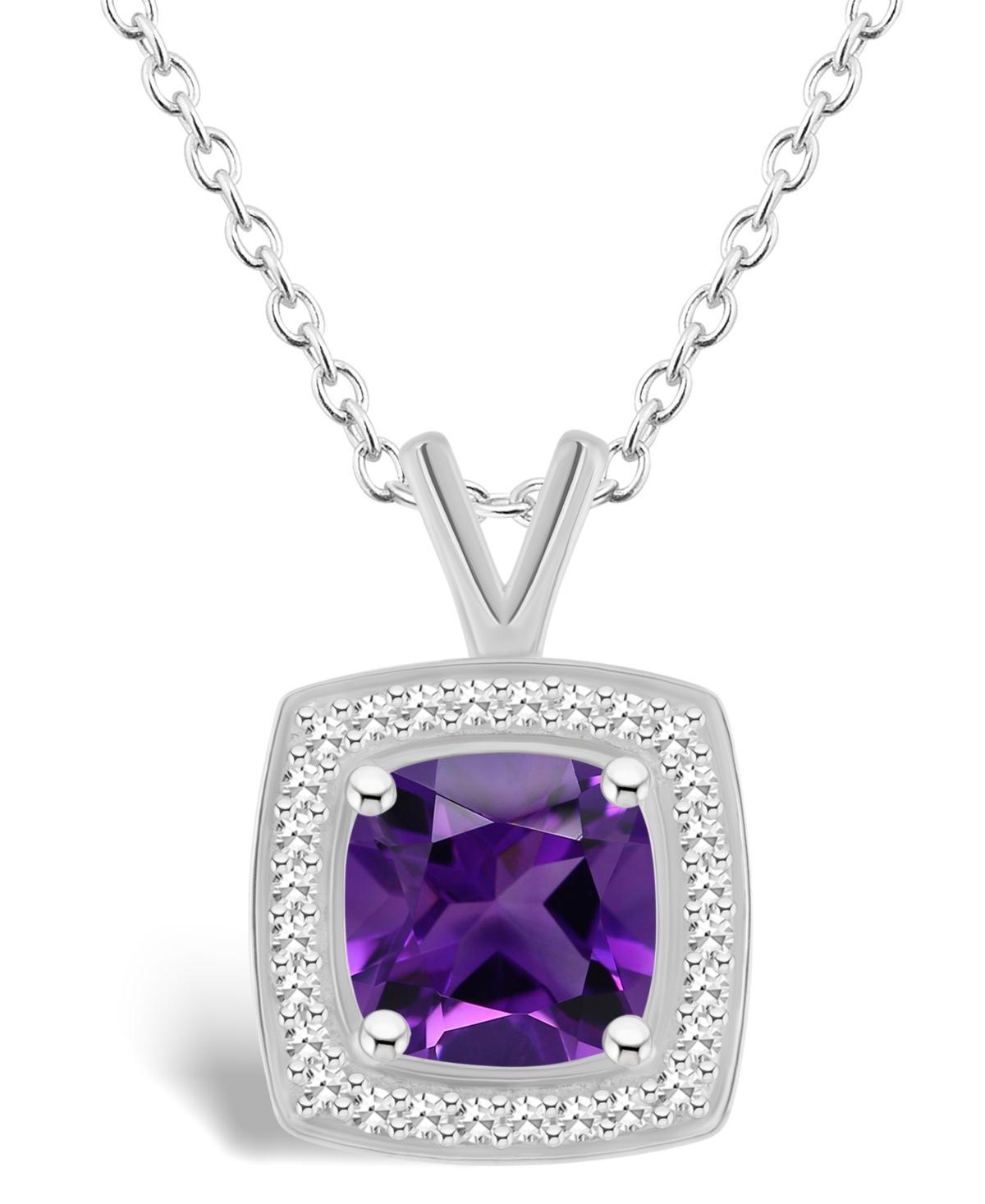 Celebration Gems Sterling Silver Cushion Gemstone & 1/8 Carat T.W. Diamond Halo Pendant Necklace, Womens Purple Product Image