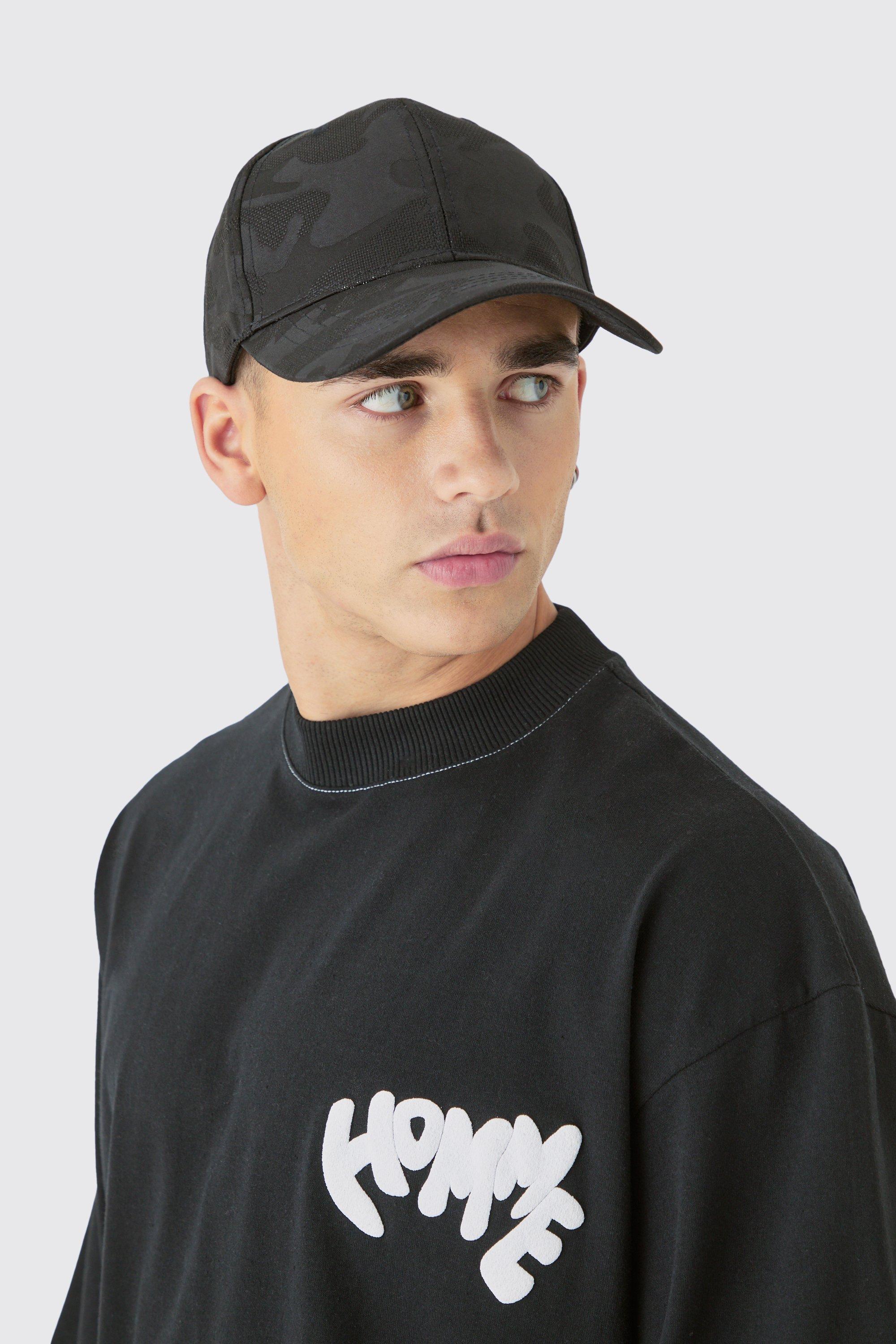 All Over Camo Print Cap In Black | boohooMAN USA Product Image