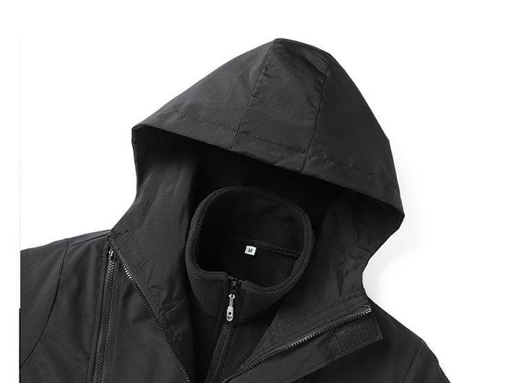 Set: Stand Collar Plain Zip-Up Fleece Jacket + Hooded Windbreaker Product Image