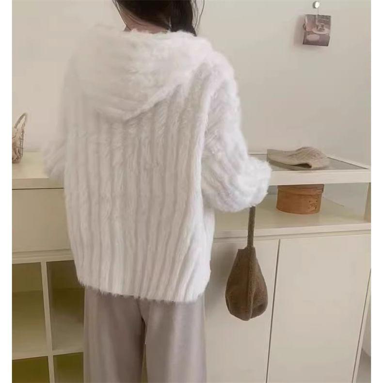 Plain Fluffy Hooded Button-Up Cardigan Product Image