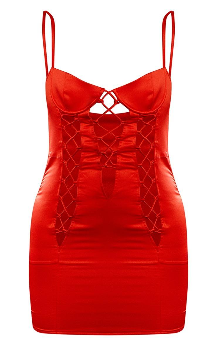 Red Premium Satin Lace Up Underwire Bodycon Dress Product Image