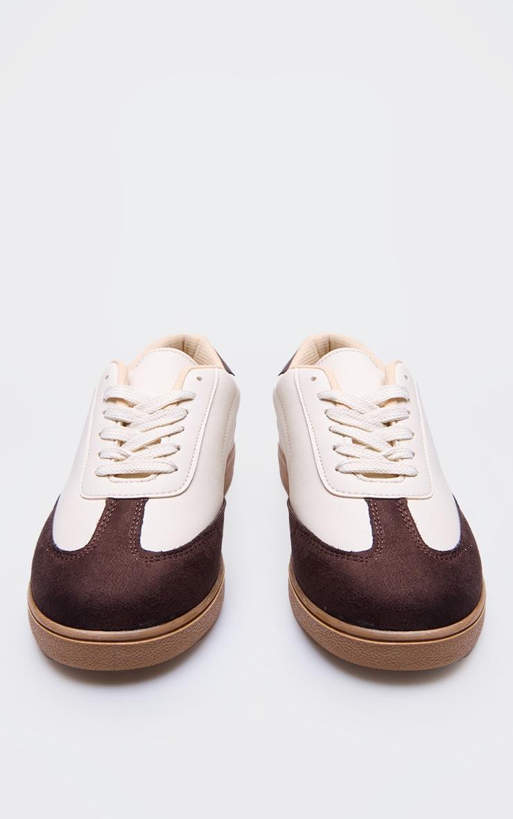 Brown and Cream Pu Contrast Panel Lace Up Sneakers Product Image