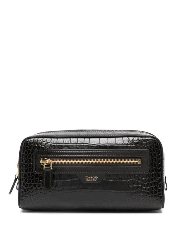 Crocodile-embossed Zipped Clutch Bag In Brown Product Image