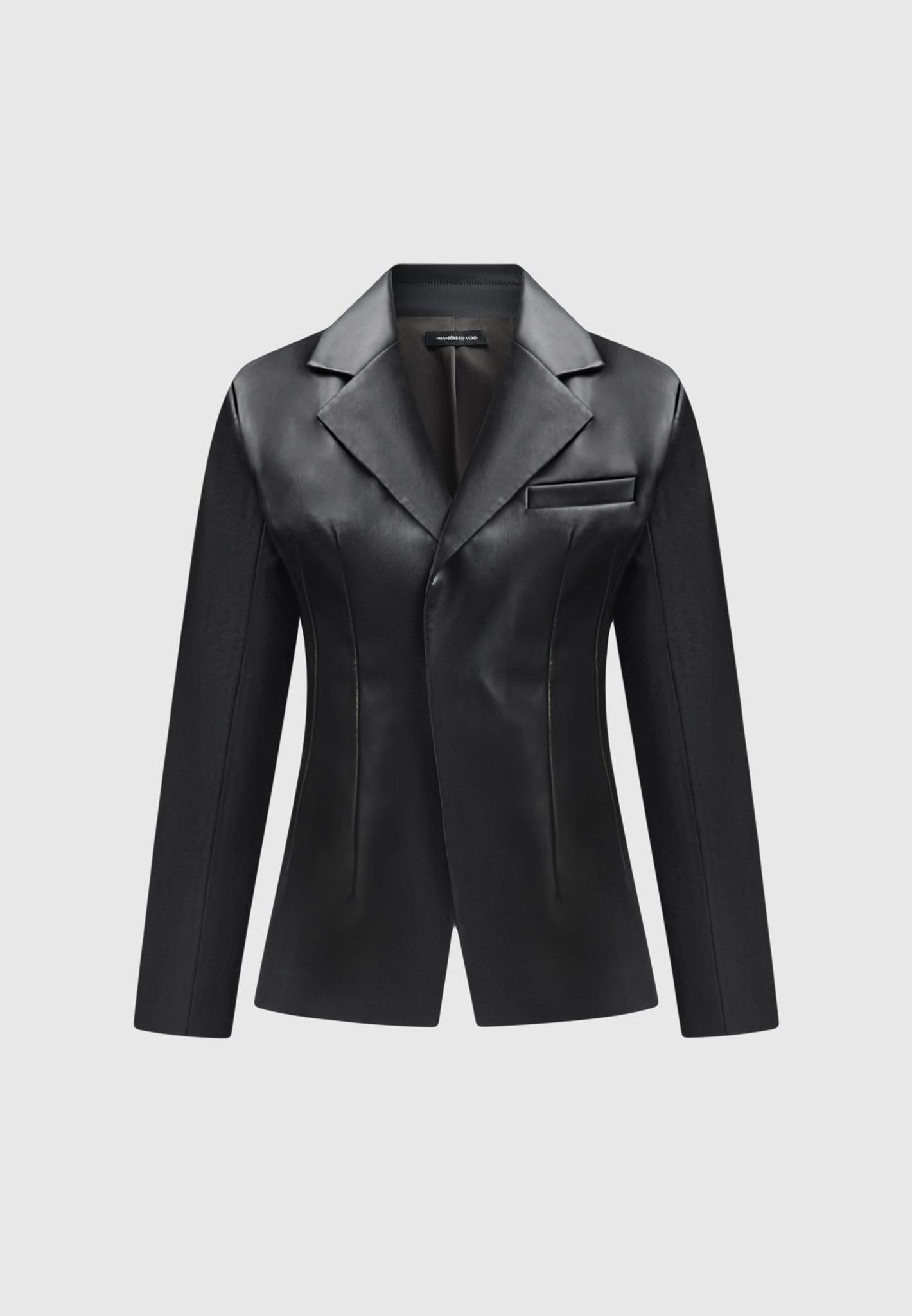 Vegan Leather Double Breasted Blazer - Black Female Product Image