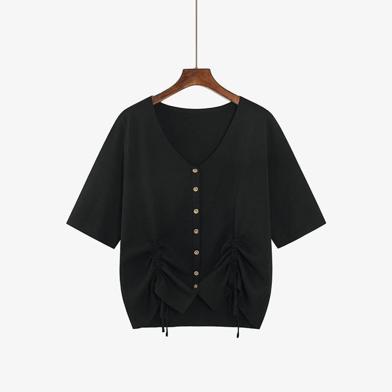 Short Sleeve V-Neck Button Up Side-Drawstring Knitted Loose-Fit T-Shirt Product Image