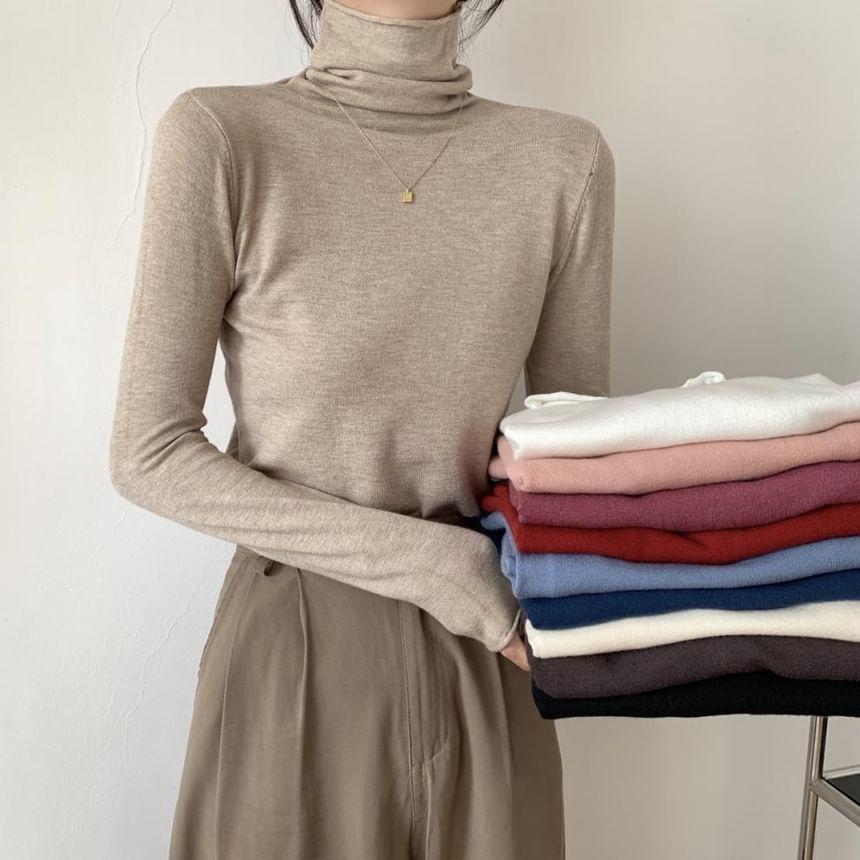 Long-Sleeve Turtleneck Plain Knit Top Product Image