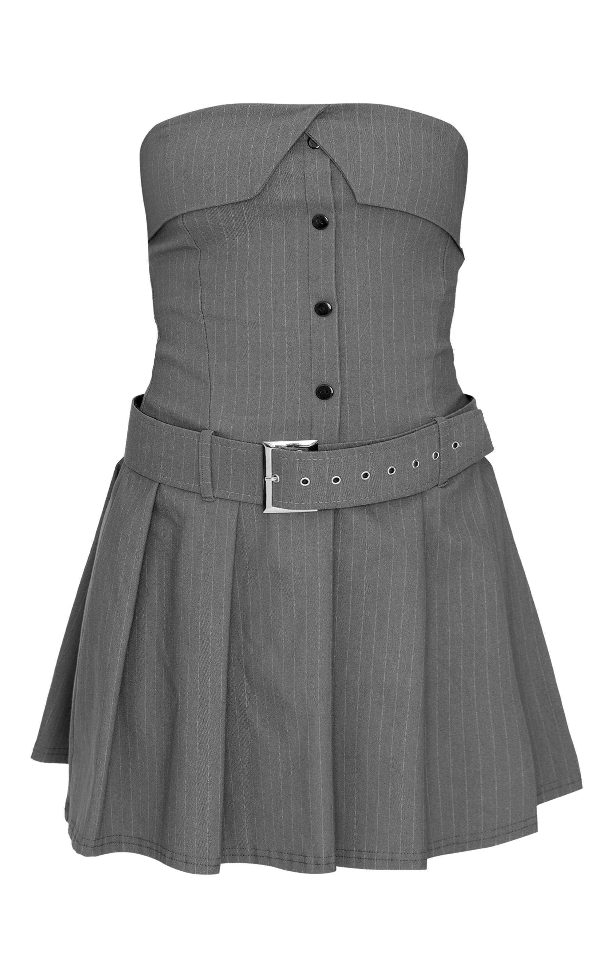 Grey Pinstripe Tailored Bandeau Belt Pleated Shift Dress Product Image