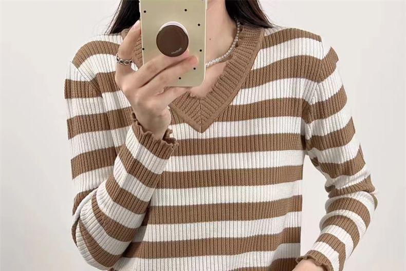 Long-Sleeve V-Neck Striped Lettuce Edge Knit Top Product Image