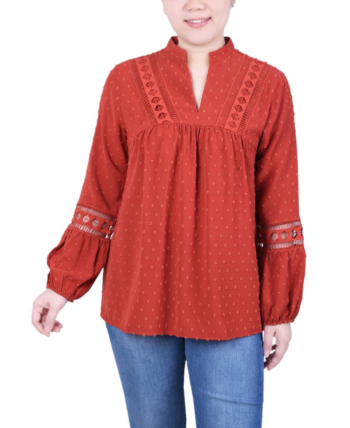 Ny Collection Petite Long Sleeve Blouse with Crochet Trim Product Image