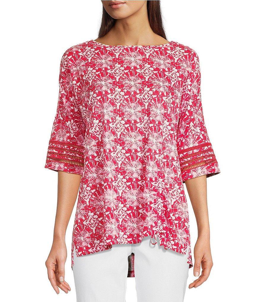 Ali Miles Printed Knit Linen Blend Crew Neck Pop Over 3/4 Sleeve Tunic Product Image