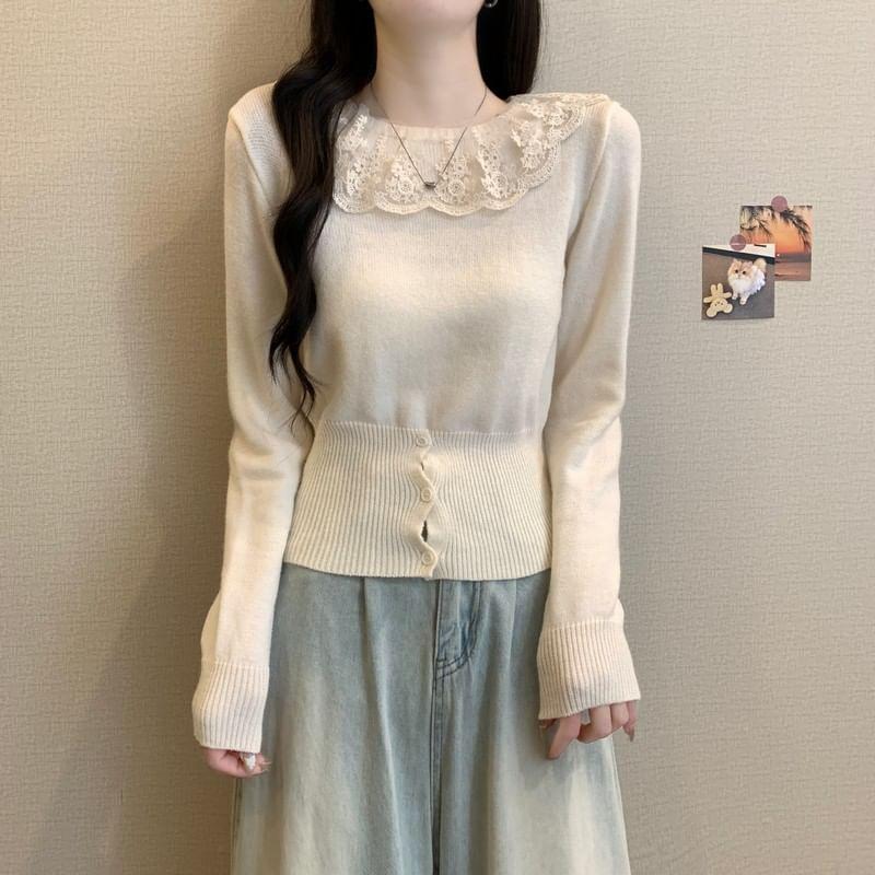 Long-Sleeve Lace Panel Button Hem Knit Top Product Image