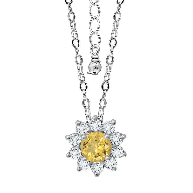 Aleure Precioso Sterling Silver Gemstone & White Topaz Halo Pendant Necklace, Womens Yellow Product Image