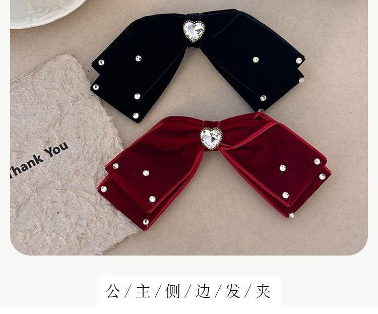 Heart Rhinestone Bow Velvet Hair Clip Product Image