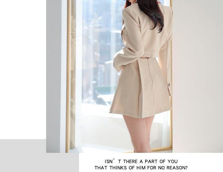 Set: Plain Crop Double-Breasted Blazer + High Waist Pleated Mini A-Line Skirt Product Image