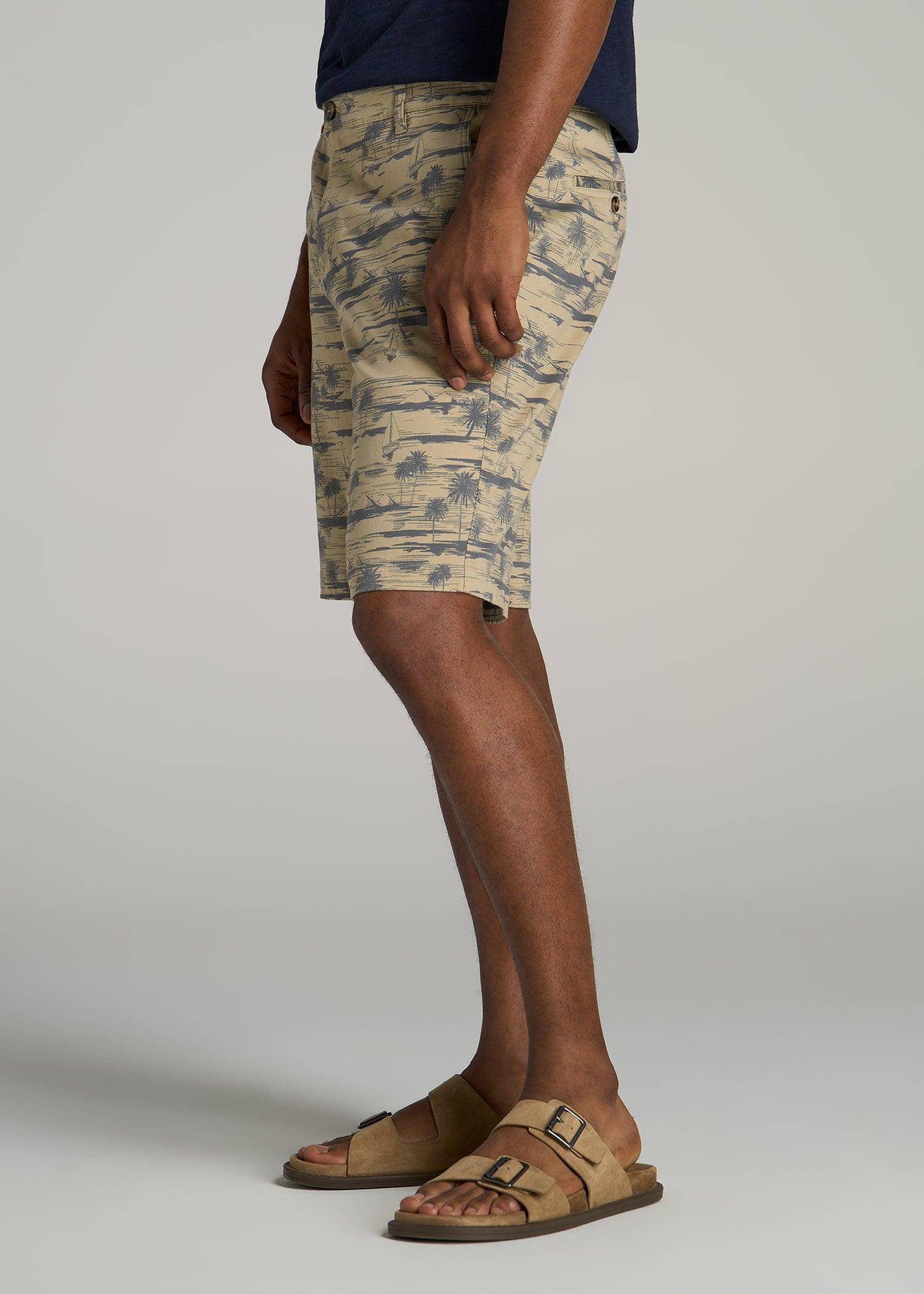 Printed Stretch Cotton Shorts for Tall Men in Grey Oceanic Print Product Image