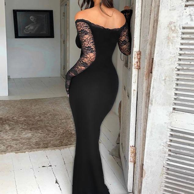 Long Sleeve Off Shoulder Plain Panel Lace Maxi Mermaid Dress Product Image