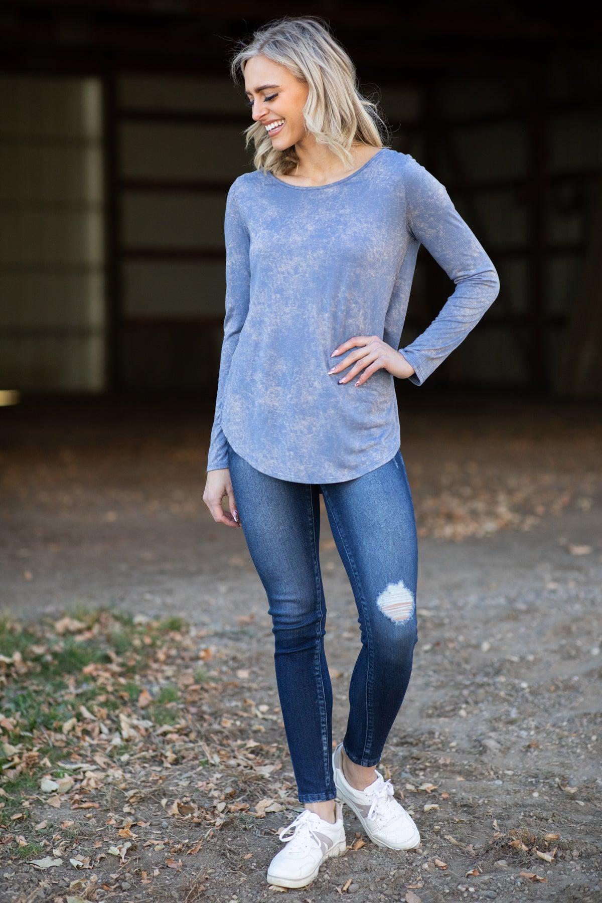 Dusty Blue Acid Wash Long Sleeve Top Product Image