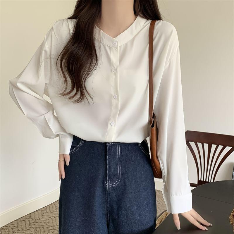 Long Sleeve Band Collar Plain Shirt Product Image