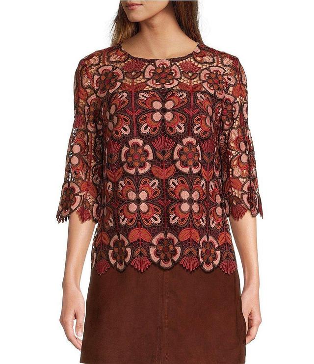 Trina Turk Colter Woven Geo Pattern Print Round Neck 3/4 Sleeve Scalloped Lace Top Product Image