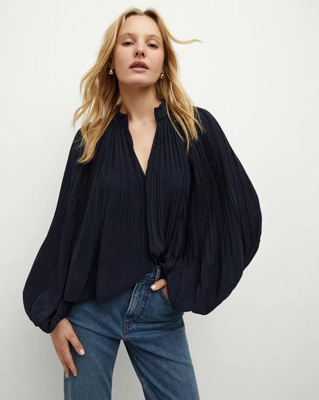 VERONICA BEARD Walker Pleated Top In Navy product image