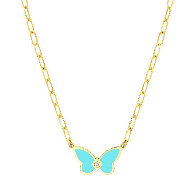 Color Romance 14k Gold Diamond Accent Turquoise Enamel Butterfly Necklace, Womens Blue Product Image