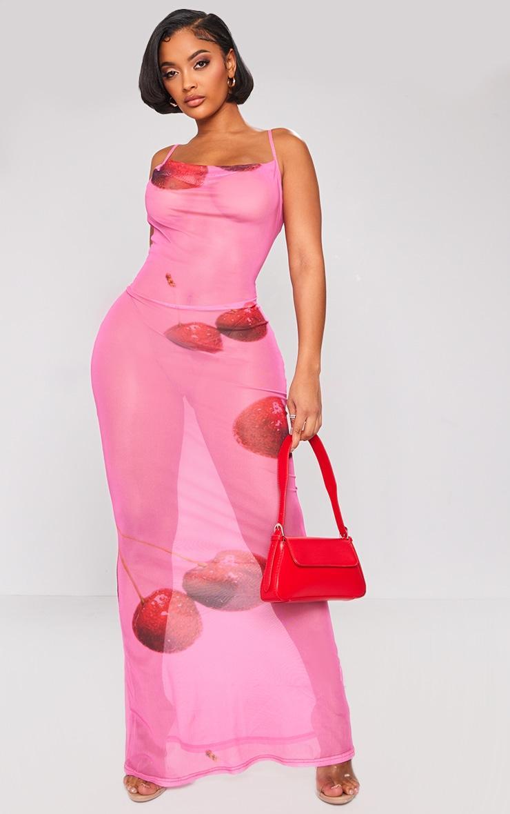 Shape Bright Pink Cherry Printed Mesh Cowl Neck Maxi Dress Product Image