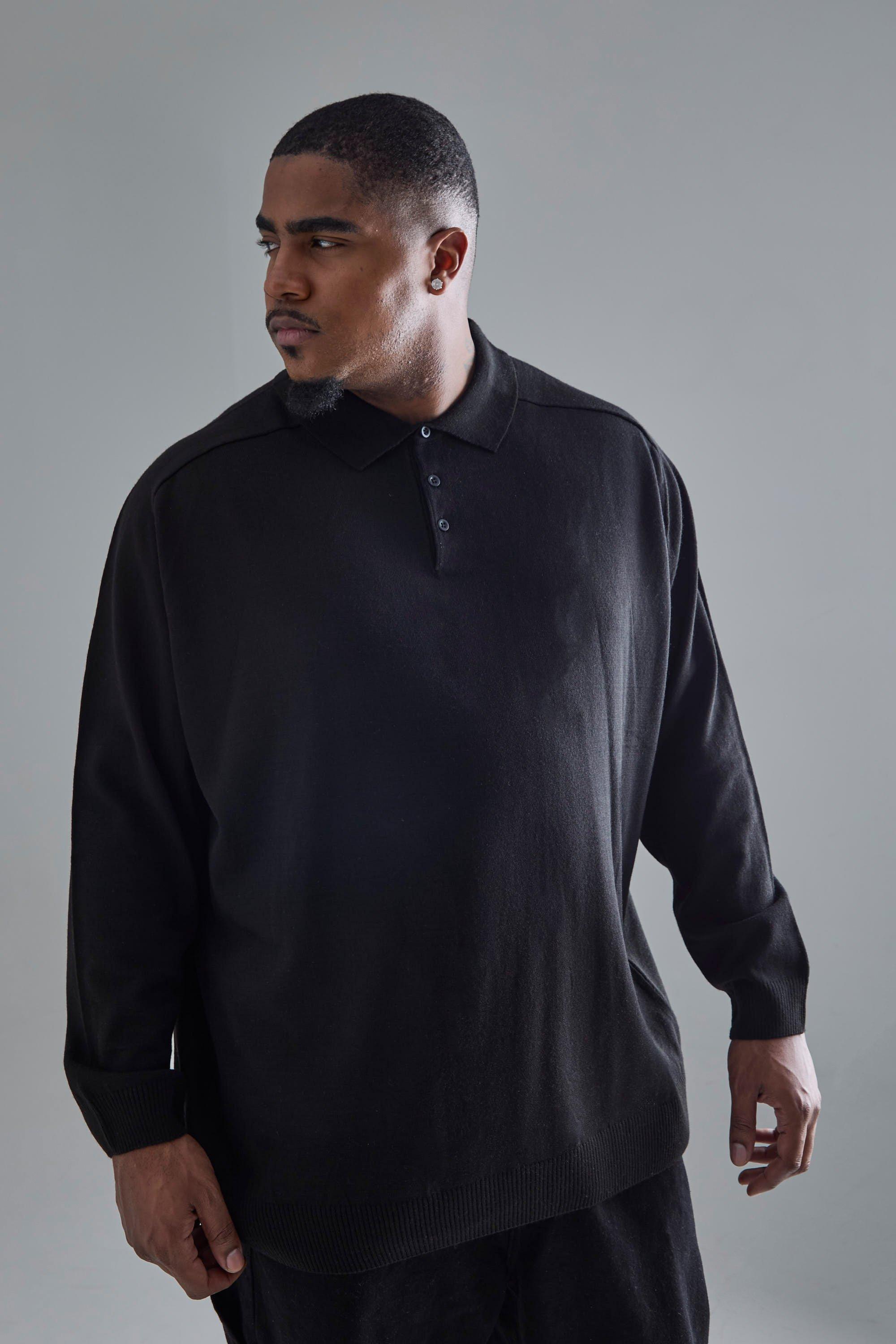 Plus Oversized Knitted Polo In Black | boohooMAN USA Product Image