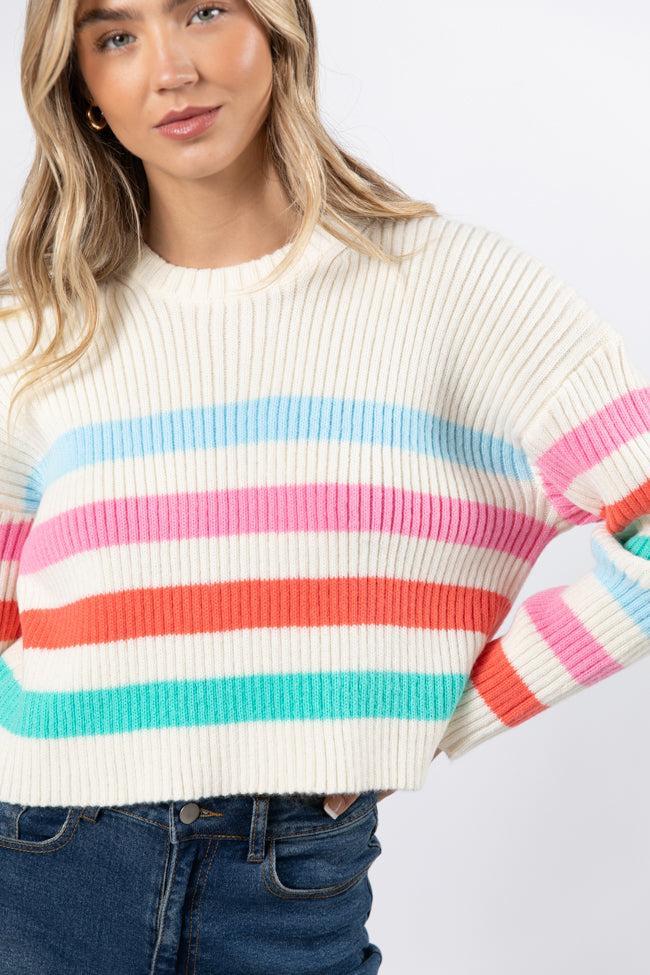 I'm Just Thinking Multi Color Stripe Hem Crew Neck Sweater FINAL SALE Product Image