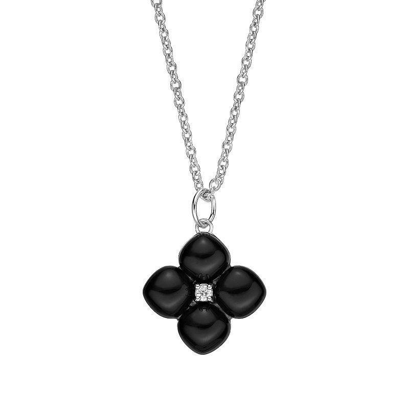 Gemminded Sterling Silver Onyx & Cubic Zirconia Flower Pendant Necklace, Womens Product Image