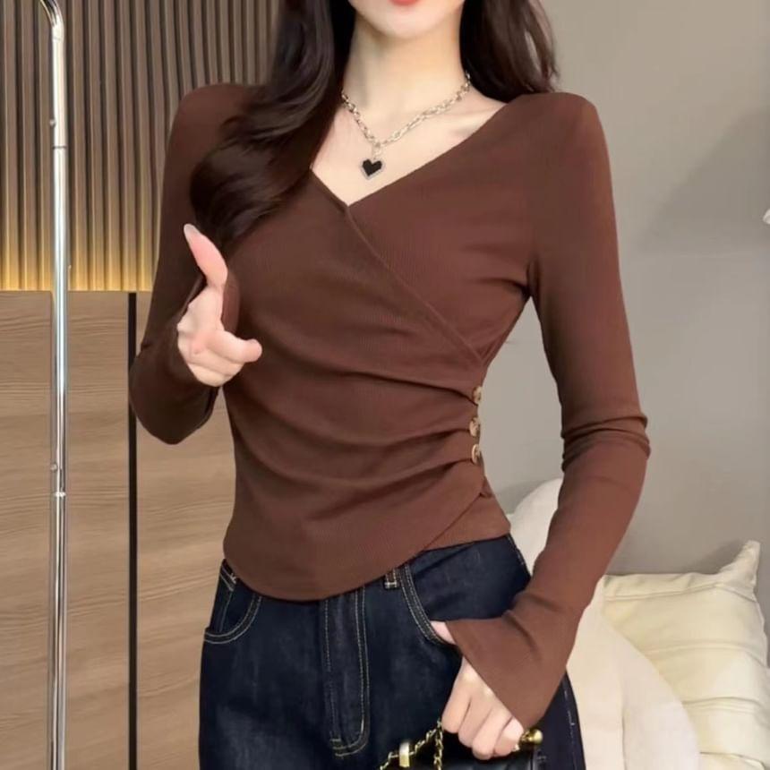 Long Sleeve V-Neck Plain Button Ruched Cropped Top Product Image