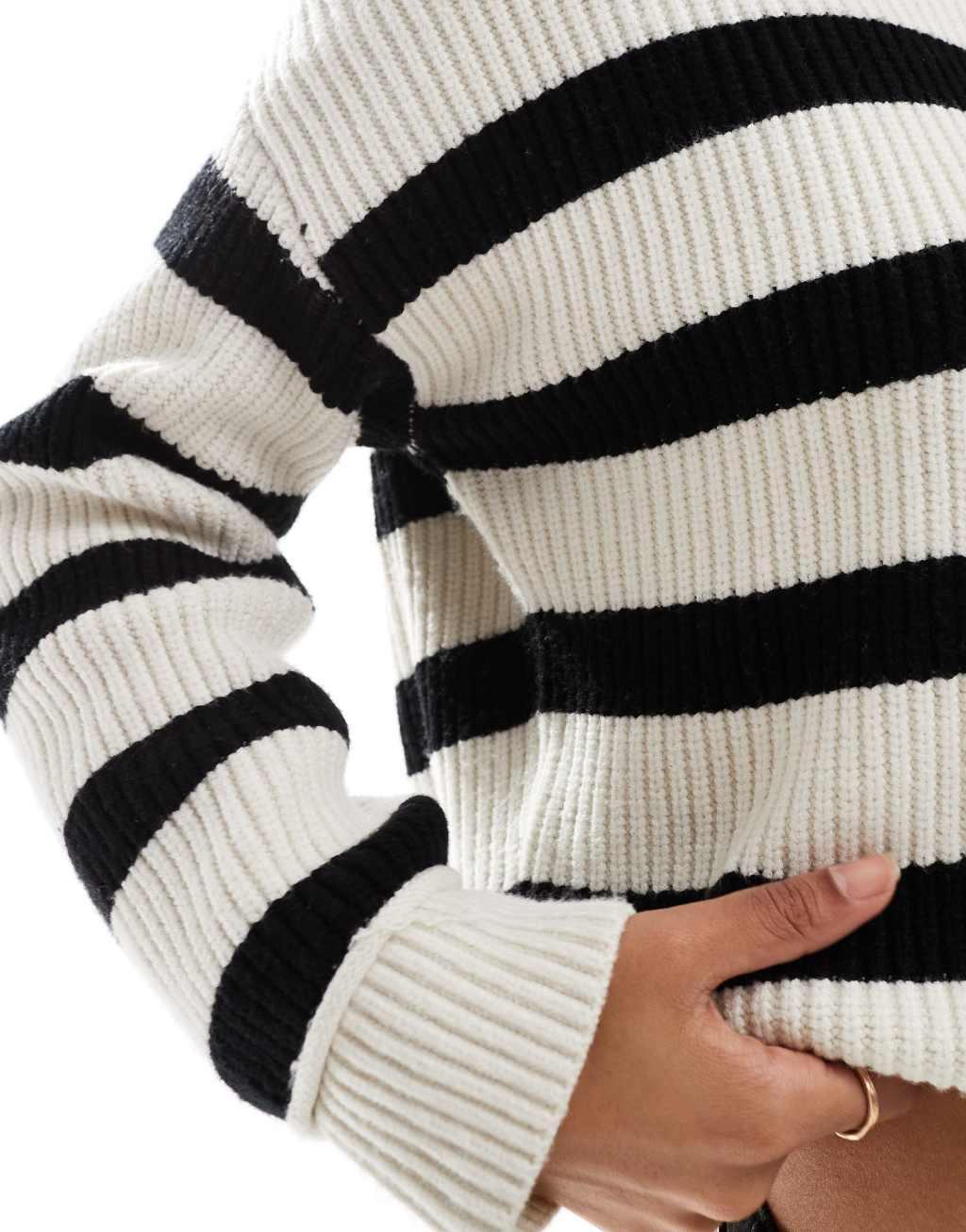 Pull&Bear ribbed knitted sweater in black and sand stripe Product Image