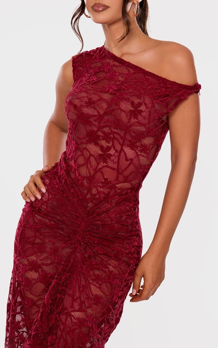 Red Lace Off The Shoulder Ruched Maxi Dress Product Image