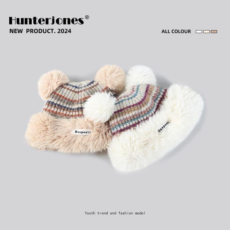 Striped Pom Pom Fluffy Knit Beanie Product Image