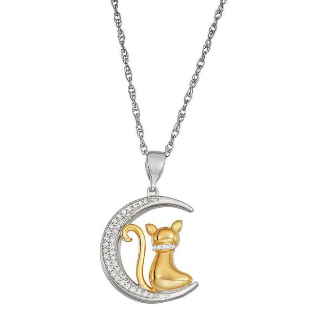 Jewelexcess Two Tone Sterling Silver 1/6 Carat T.W. Diamond Cat Moon Pendant Necklace, Womens Multicolor Product Image