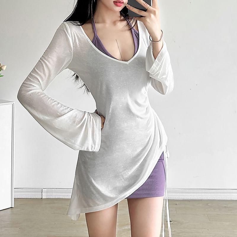 Set: Long-Sleeve V-Neck Plain Tee + Halter Mini Bodycon Dress Product Image