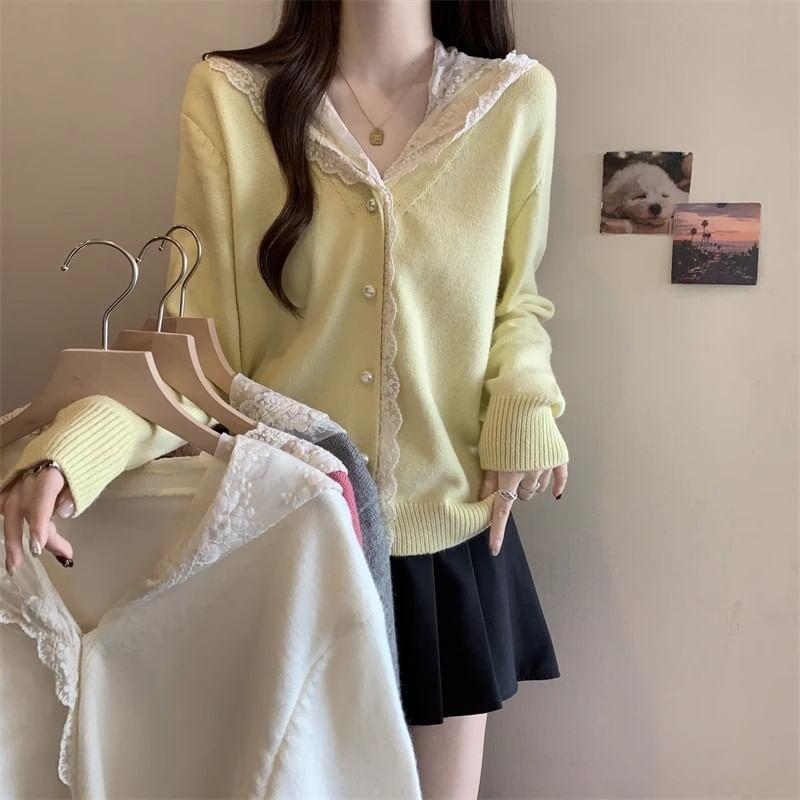 V-Neck Lace Panel Hooded Faux Pearl Buttoned Cardigan Product Image