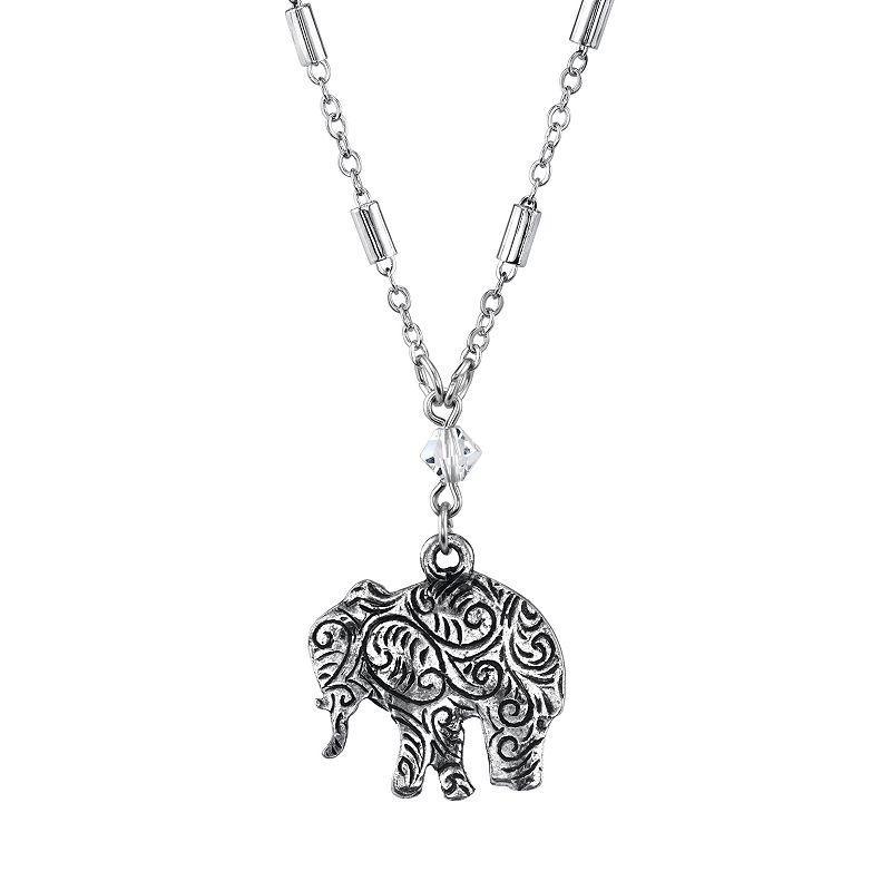 1928 Jewelry Engraved Pewter Elephant Drop Chain Necklace, Womens, Silver Tone Product Image