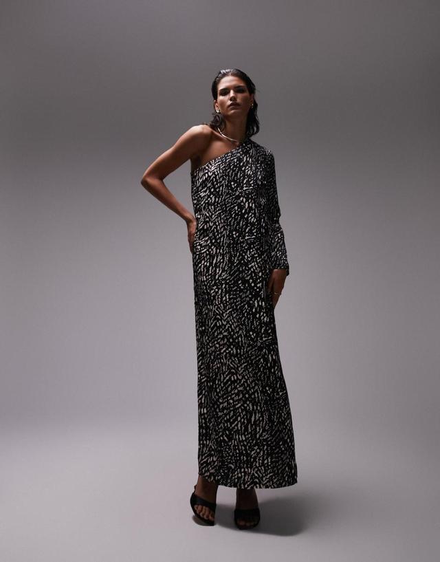 Topshop animal one sleeve maxi dress in mono Product Image