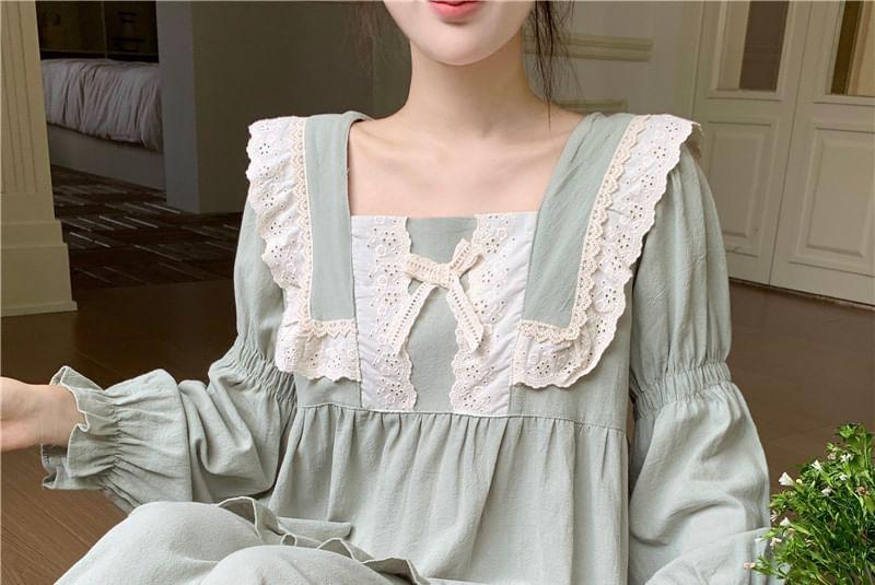 Pajama Set: Long-Sleeve Lace Ruffle Shirt + Pants Product Image