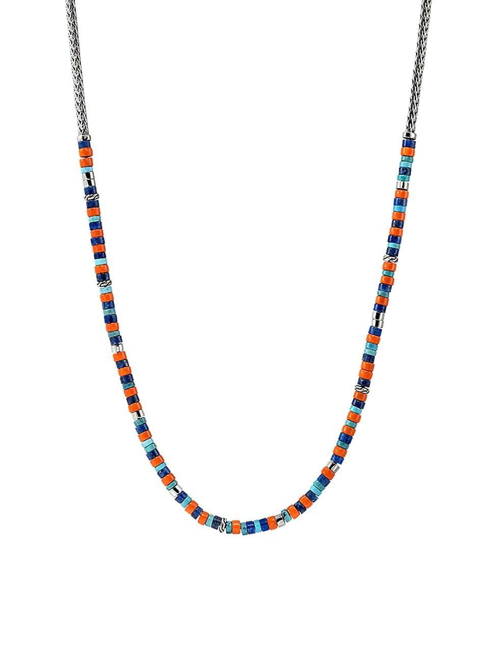 Mens Heishi Sterling Silver, Lapis Lazuli, Turquoise, & Enamel Chain Necklace Product Image