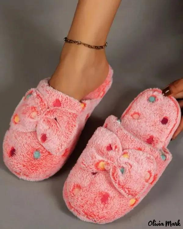 Olivia Mark – Fuzzy Bowknot Design Polka Dot Slippers Product Image