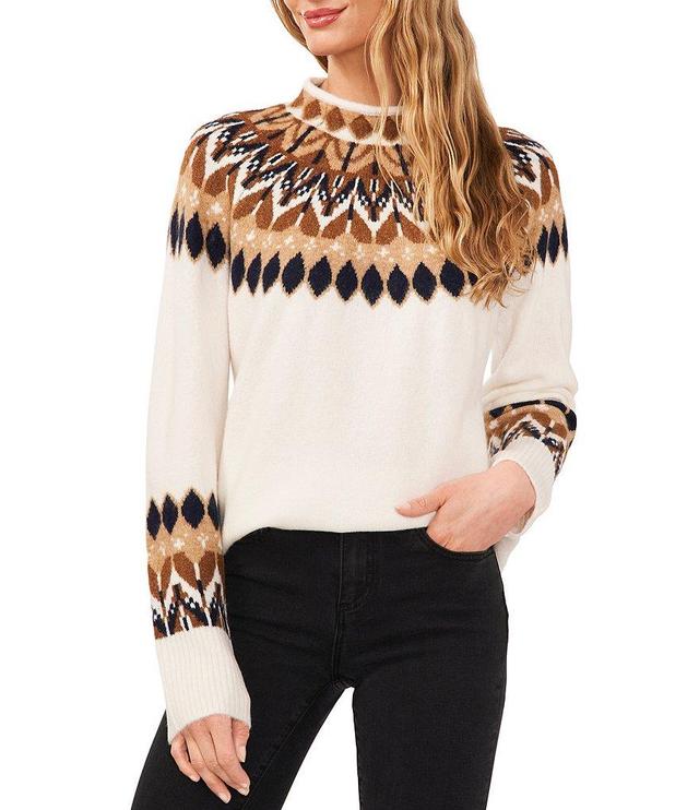 CeCe Jersey Long Sleeve Funnel Neck Fair Isle Print Sweater Product Image