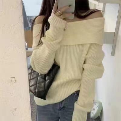 Off Shoulder Plain Ribbed Knit Oversized Sweater Product Image