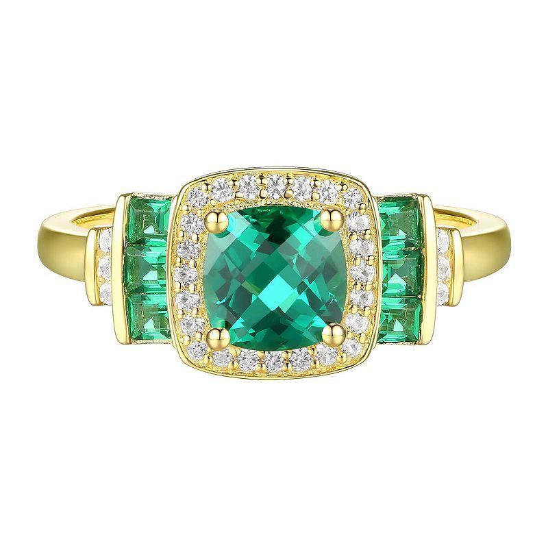 14k Gold Over Silver Lab-Created Emerald, Lab-Created White Sapphire Solitaire Ring, Womens Gold Tone Product Image